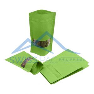 Green Striped Paper Stand Up Pouches With Rectangle Window