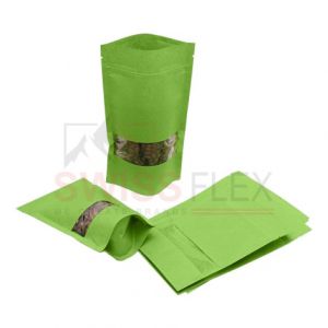 Green Striped Paper Stand Up Pouches With Rectangle Window