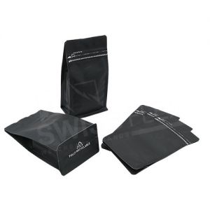 Matt Black Recyclable Flat Bottom Pouch With Tear Off Zipper And Valve