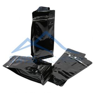 Shiny Black Flat Bottom Pouches Tear Off Zipper