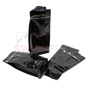 Shiny Black Flat Bottom Pouches Tear Off Zipper