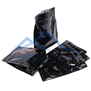 Shiny Black Flat Bottom Pouches With Normal Zipper & Valve