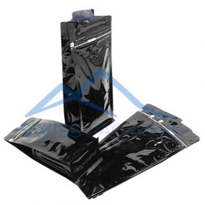 Shiny Black Flat Bottom Pouches Tear Off Zipper & Valve