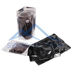 Shiny Black / Clear Stand Up Pouch with Zipper & Valve