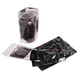 Shiny Black / Clear Stand Up Pouch with Zipper & Valve
