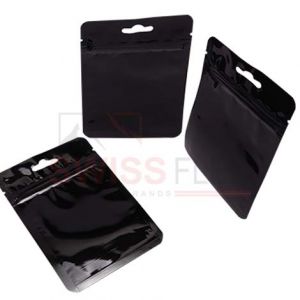 Shiny Black Three Side Seal Pouches With Zipper & Euro Slot