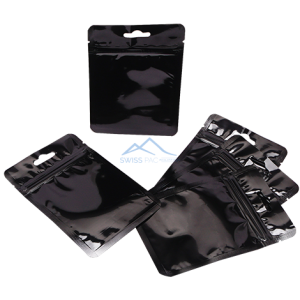 Shiny Black Three Side Seal Pouches With Zipper & Euro Slot