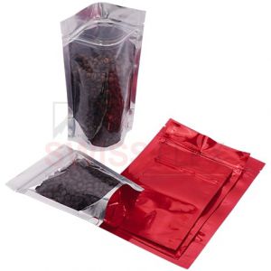 Clear / Shiny Red Stand Up Pouches with Zip